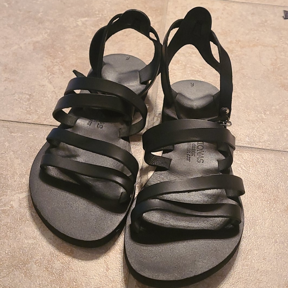 Kionas Greek Black Leather Strappy Sandals